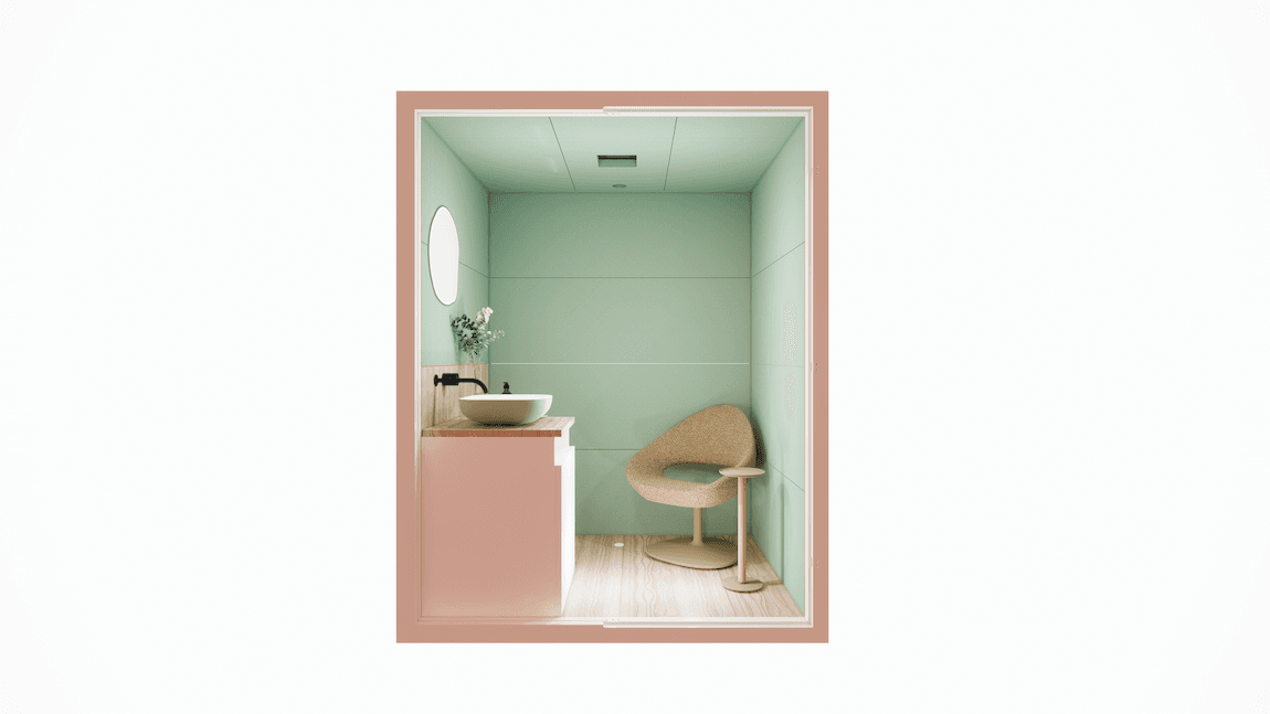 Binnenkant van een kleine kolfkamer. Rechts staat een stoel met een tafel ernaast. Links een meubel met wasbak, koelkast en spiegel. 