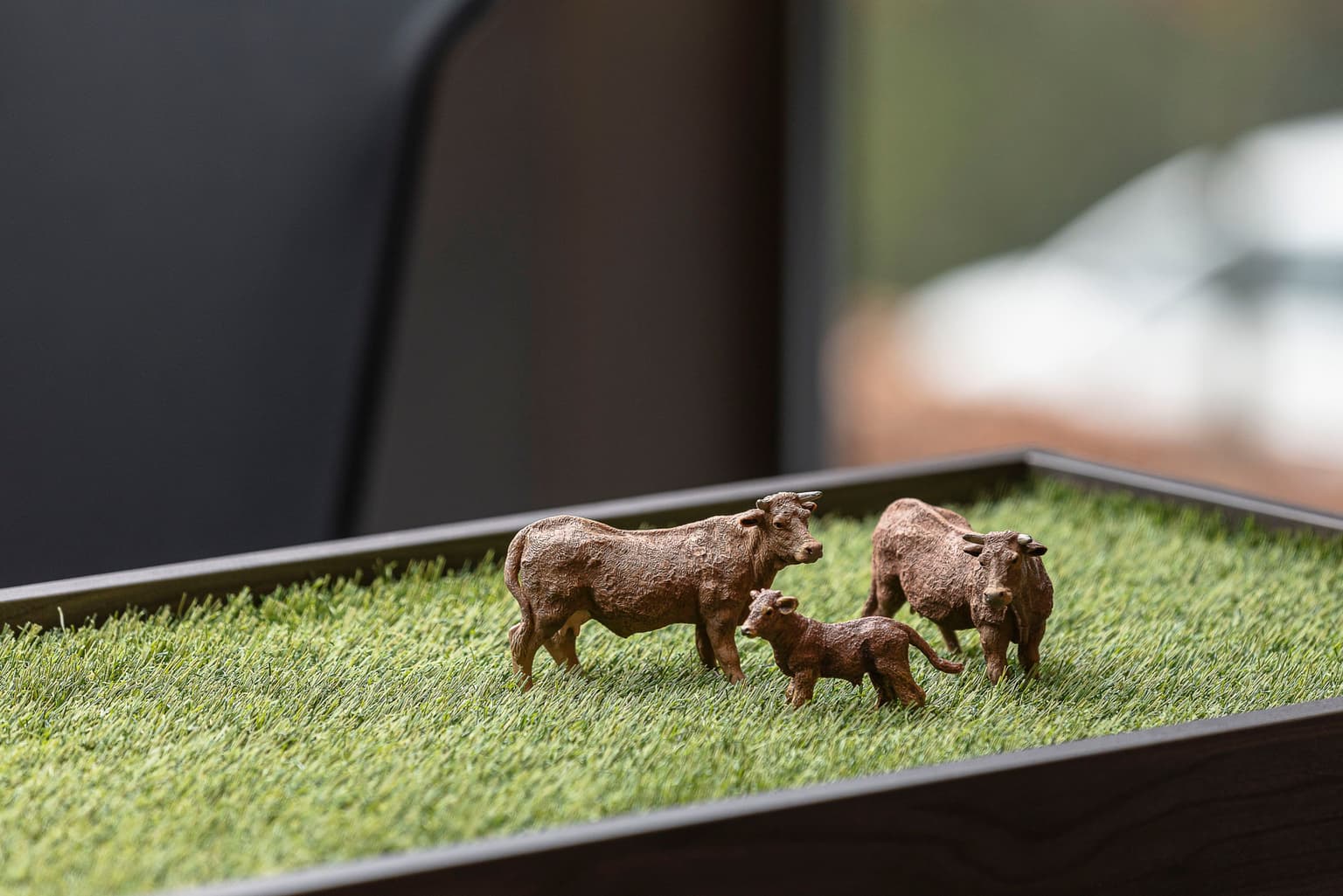 Bovenkant kast met kunstgras en koetjes erop. 