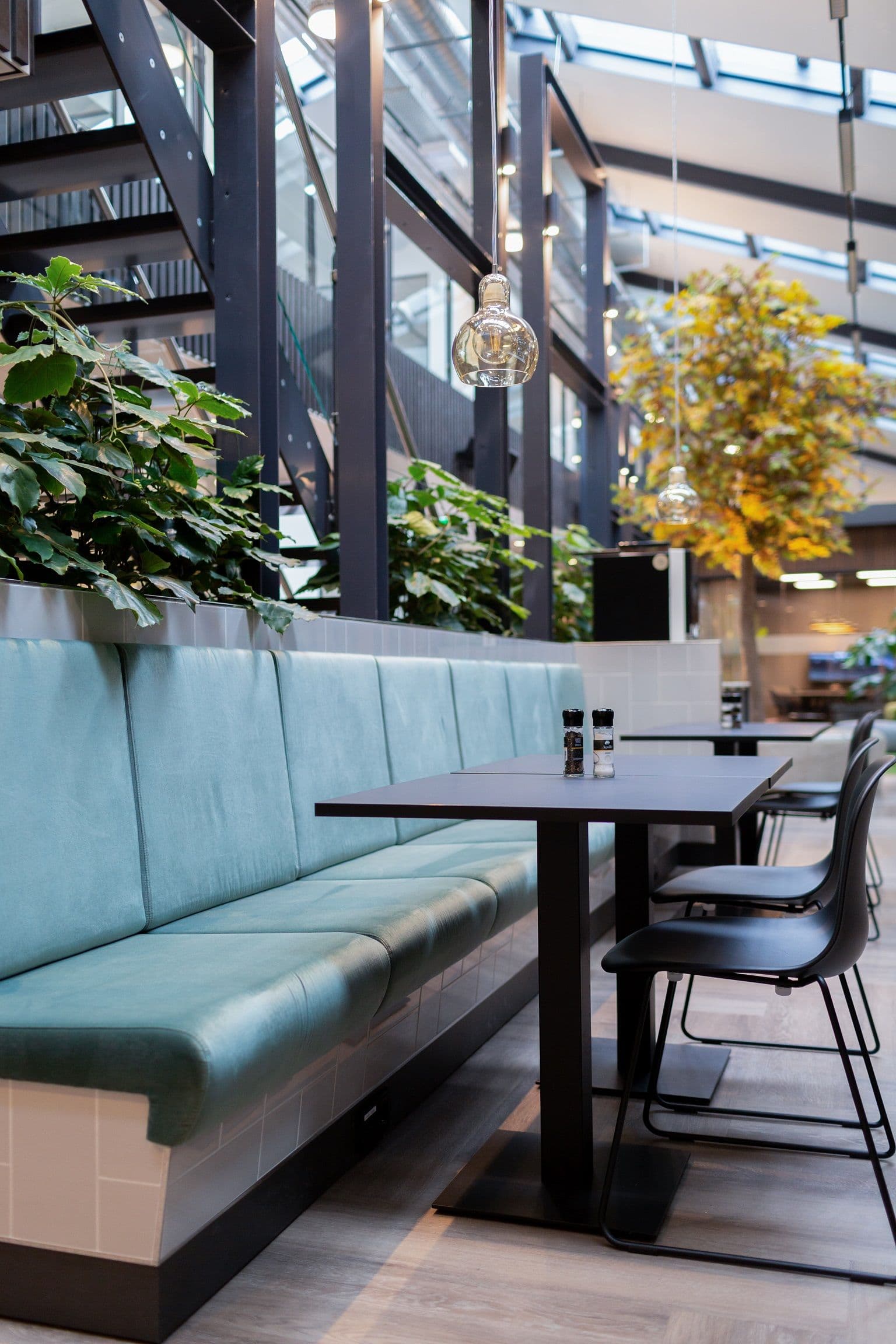 Kantine met daarin turqoise treinbanken, met daarvoor een zwart tafeltje en een zwarte kantinestoel aangeschoven. De glazenwand is deels bekleed met planten.