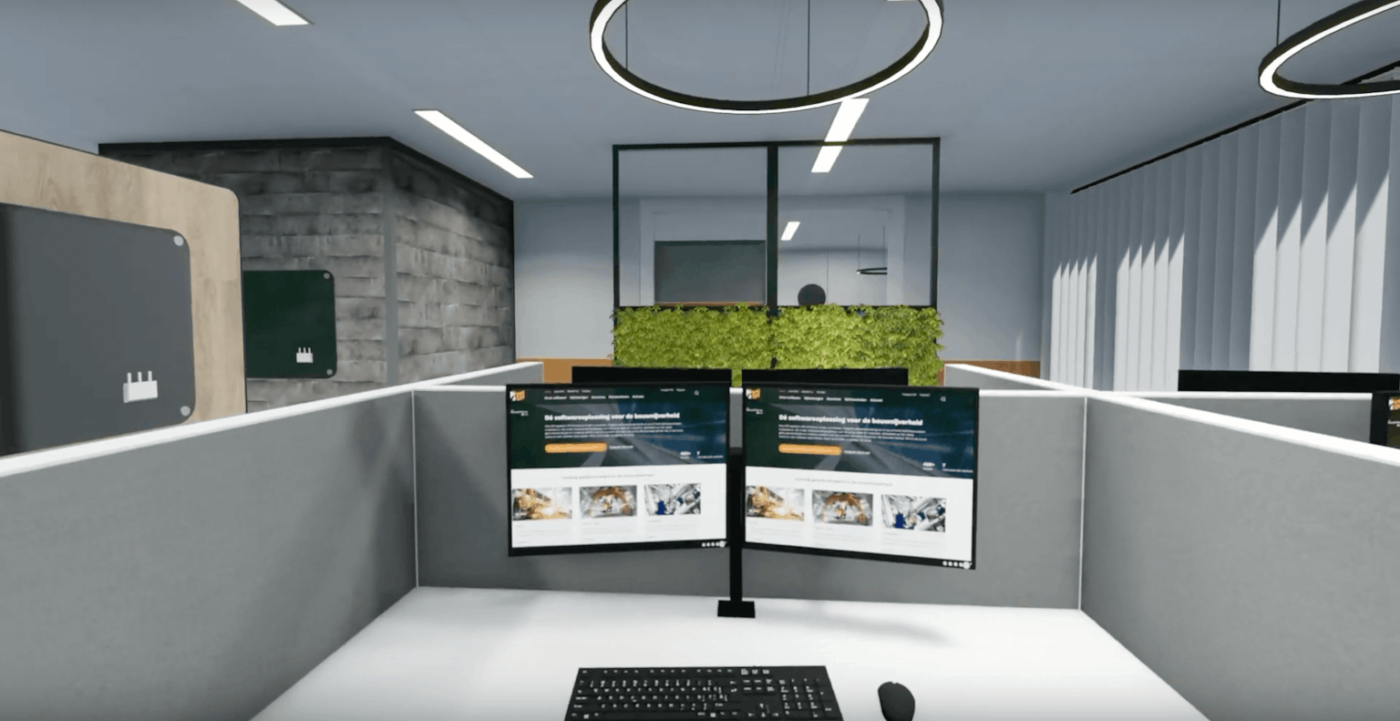 POV-shot van een werkplek met een wit bureaublad, een monitorarm met twee schermen erop. Vanuit de werkplek zie je de groene wanden met daarboven een glazen wand.