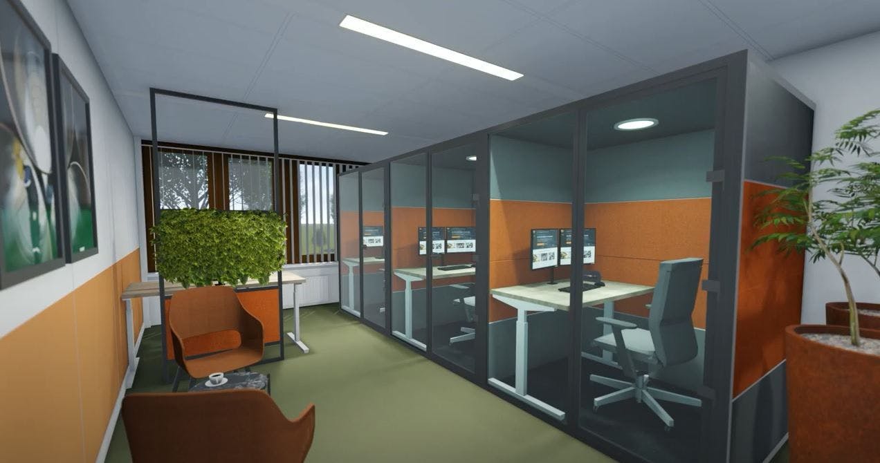 Ontwerptekening van de kantoorruimte bij 4PS met daarin drie akoestische cabines, met grijze en oranje akoestische panelen.