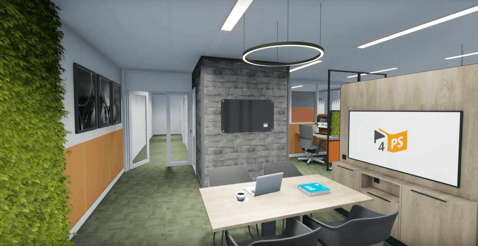 3D-render vasn een kantoorruimte met daarin een cirkel LED-lamp, boven een vergaderruimte en rechts een tv-scherm in een houten paneel. De wanden zijn bekleed met groene planten.