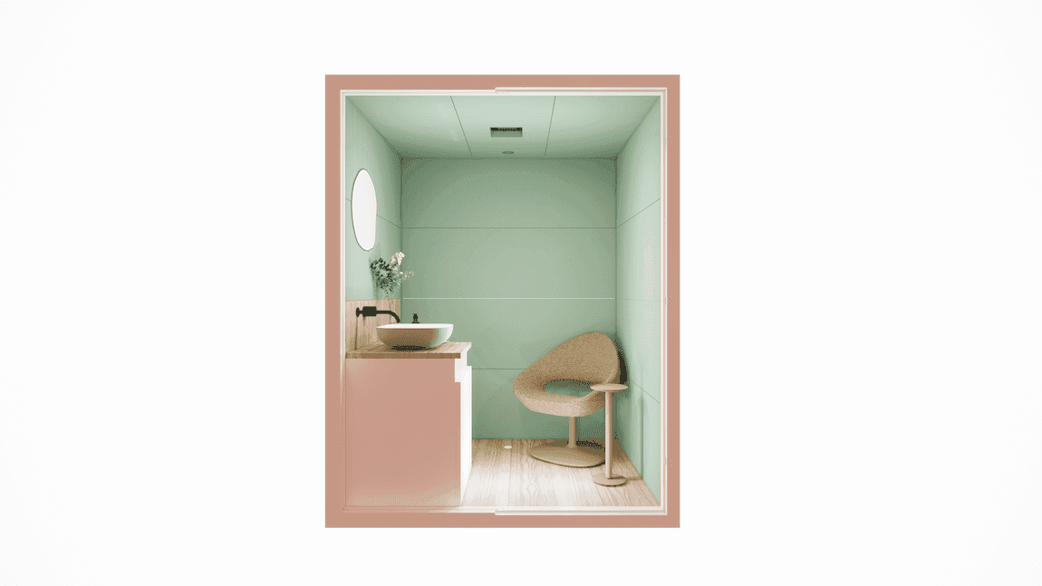 Binnenkant van een kleine kolfkamer. Rechts staat een stoel met een tafel ernaast. Links een meubel met wasbak, koelkast en spiegel.