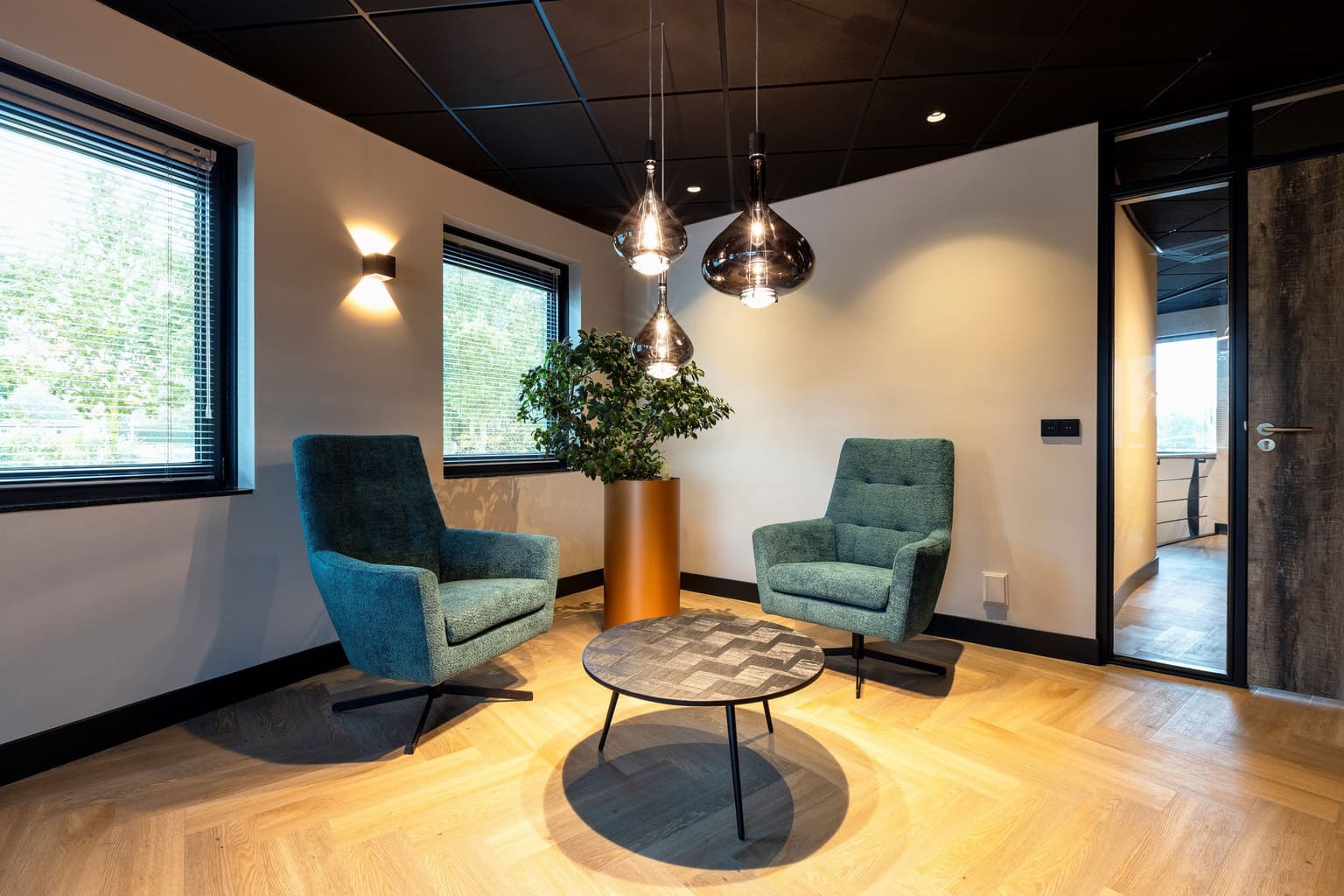 Entree met twee blauwe stoelen ene koffietafel en een gezellige plant.