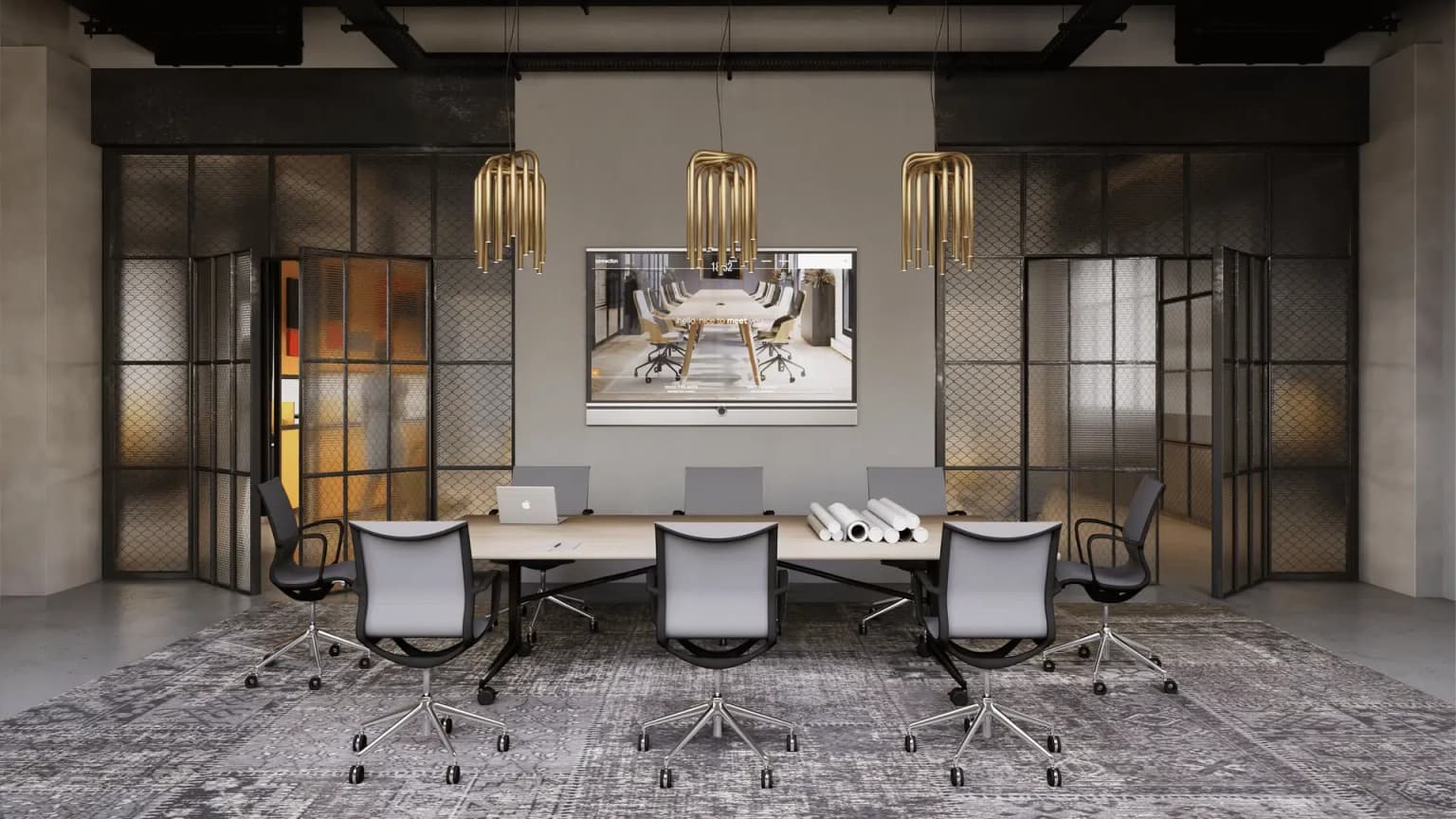 Hotel chique vergaderruimte met gouden lampen erin.