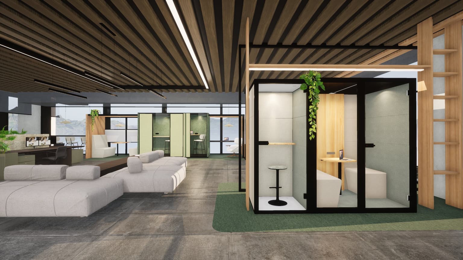 Kantoorruimte met links een zithoek en rechts een belhok en een akoestische overlegplek. Achterin zien we nog meer geluidsdichte cabines.