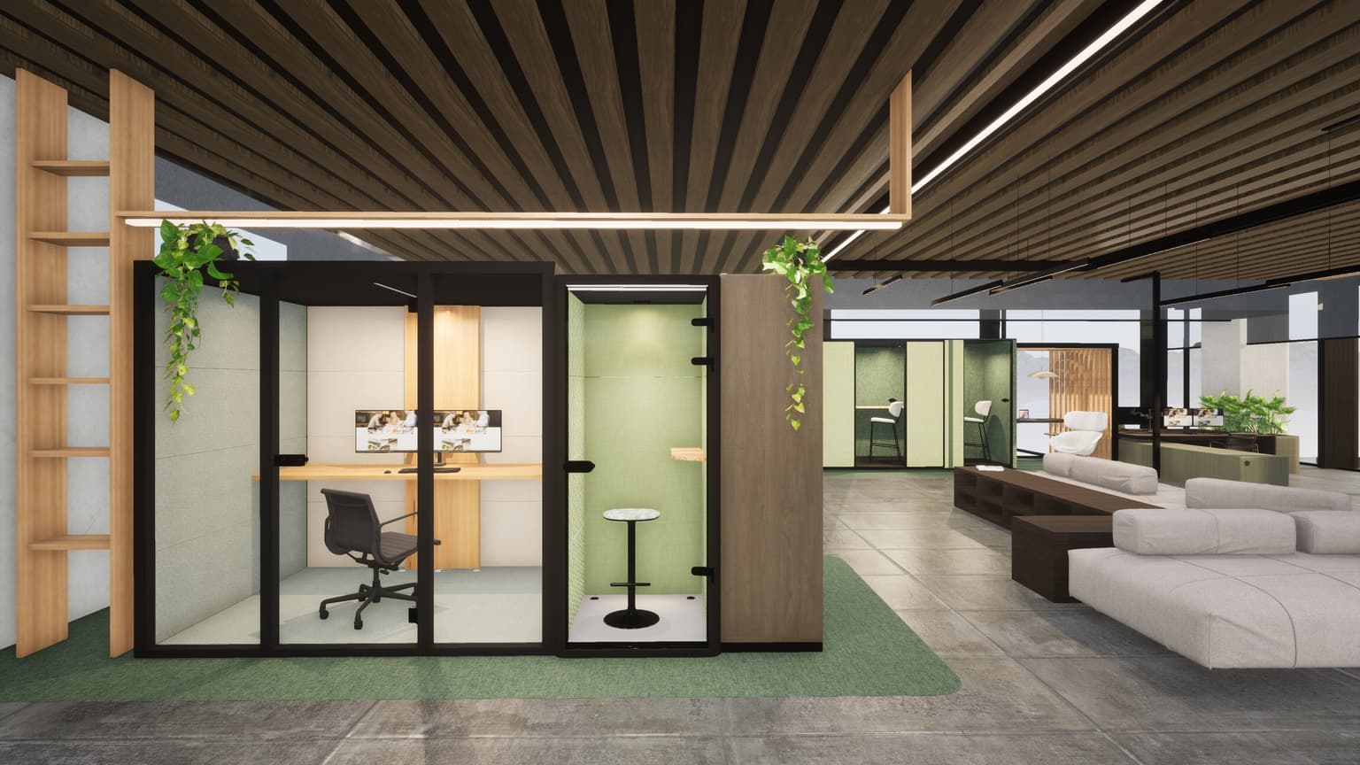 Kantoorruimte met daarin verschillende geluidsdichte cabines. Een akoestische stilte werkplek met een zit sta bureau en bureaustoel erin. Een belhok met een kruk en tafeltje erin. En achter de zithoek zien we vergadercabines.