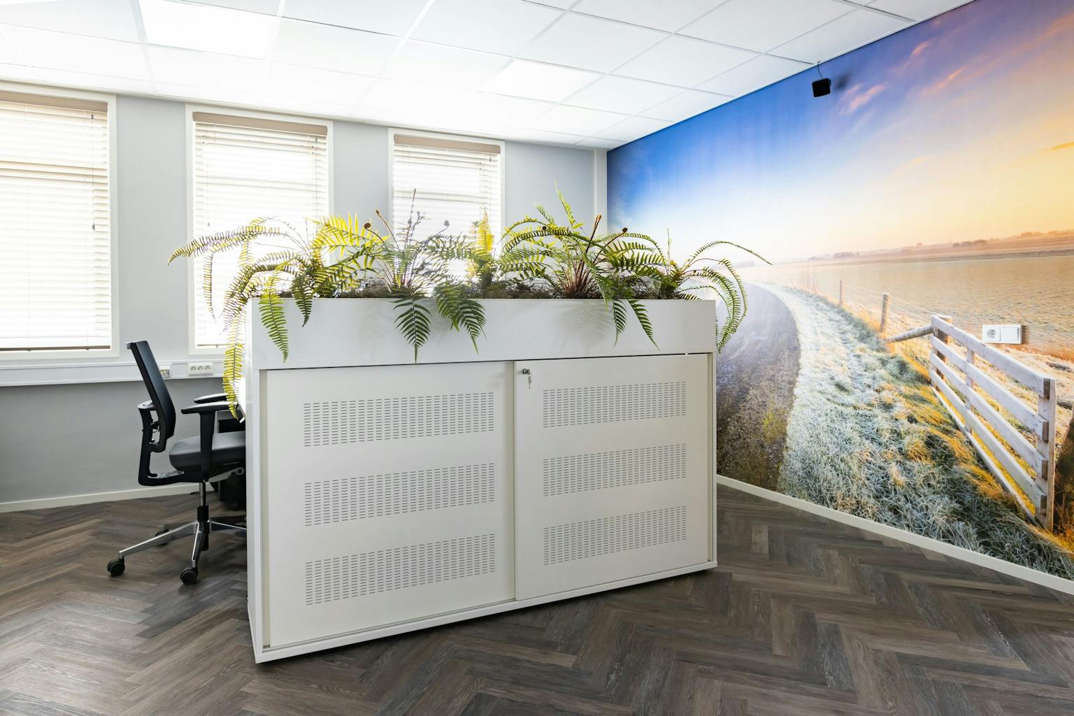 Kantoorruimte met een donkereiken visgraatvloer en in de ruimte een witte opbergkast met daarop witte plantenbakken en kantoorplanten erin. 